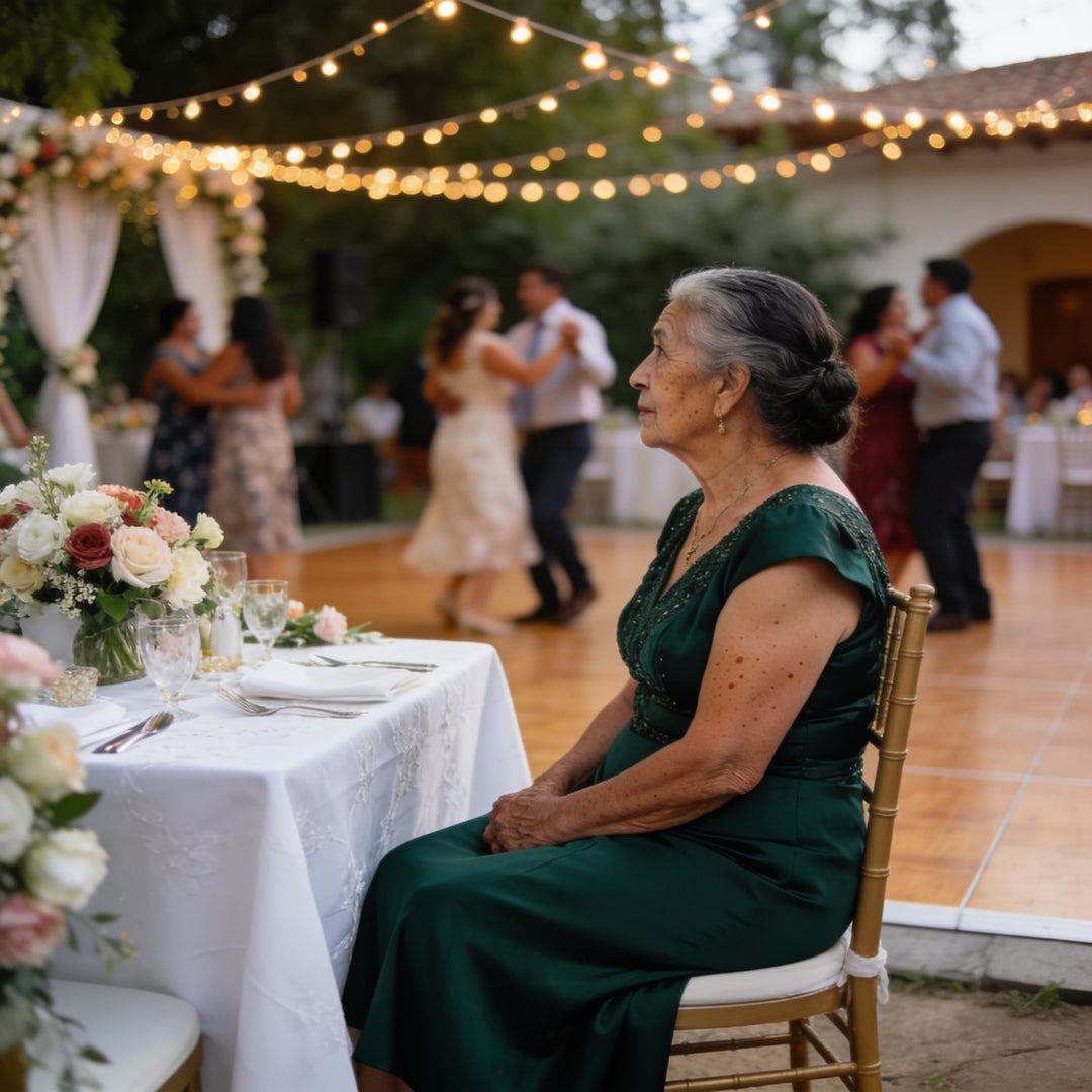 Sentada en la boda mientras los demás bailan